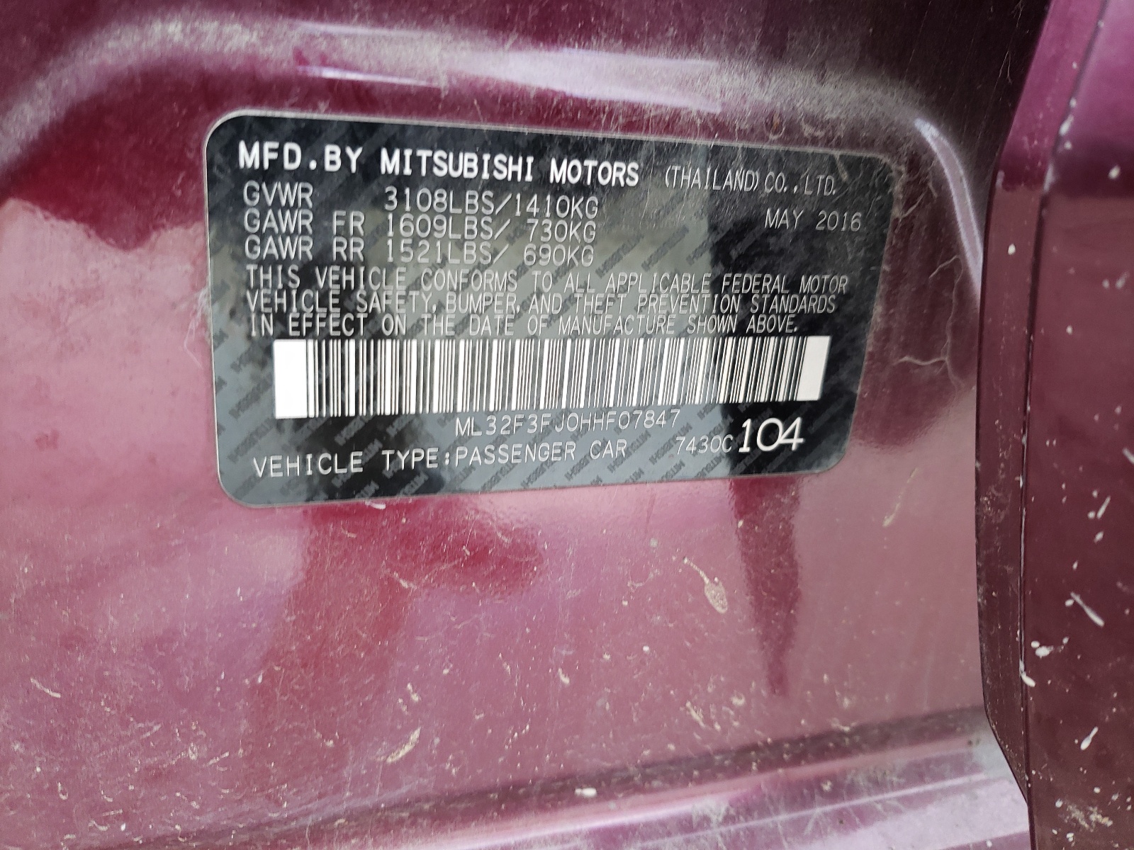 Photo 10 from auction – 2017 MITSUBISHI MIRAGE G4 with VIN ML32F3FJ0HHF07847
