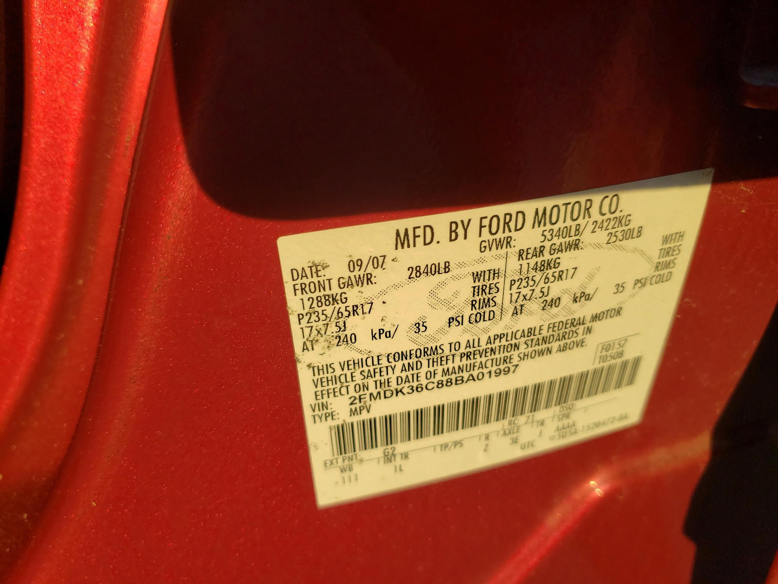 Photo 10 from auction – 2008 FORD EDGE SE with VIN 2FMDK36C88BA01997
