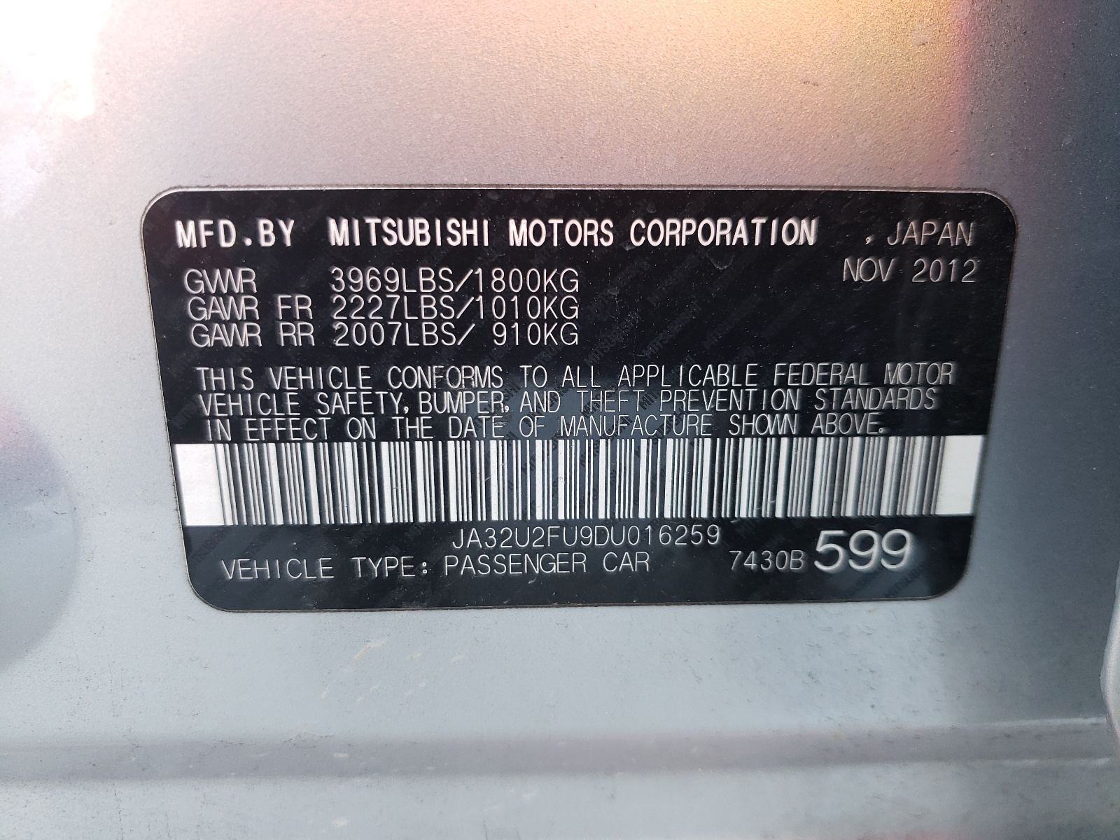 Photo 10 from auction – 2013 MITSUBISHI LANCER ES/ with VIN JA32U2FU9DU016259