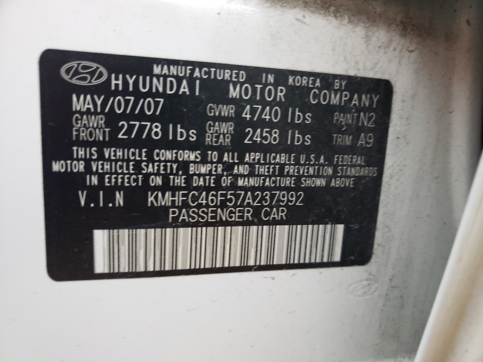 Photo 10 from auction – 2007 HYUNDAI AZERA SE with VIN KMHFC46F57A237992
