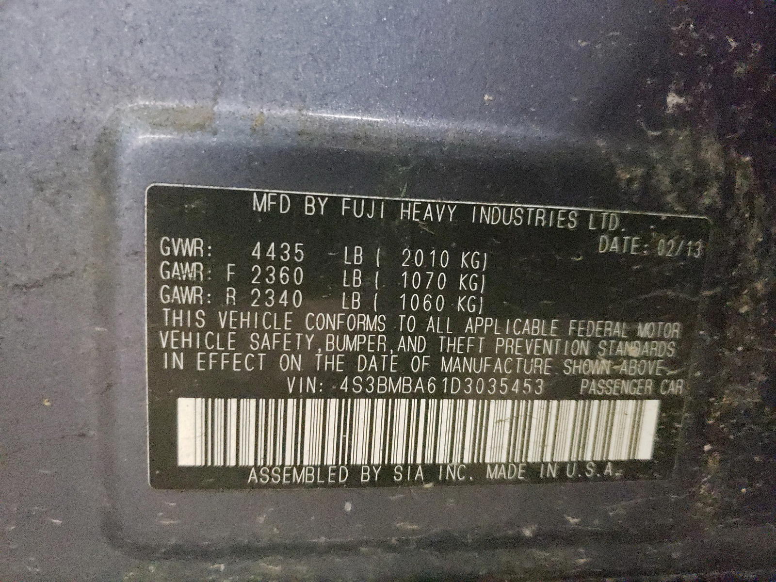Photo 10 from auction – 2013 SUBARU LEGACY 2.5 with VIN 4S3BMBA61D3035453
