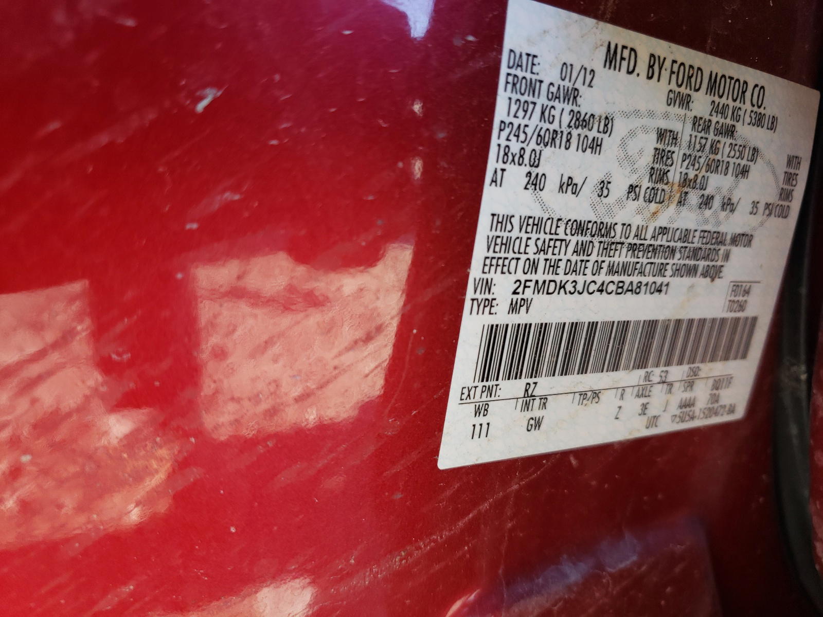 Photo 10 from auction – 2012 FORD EDGE SEL with VIN 2FMDK3JC4CBA81041