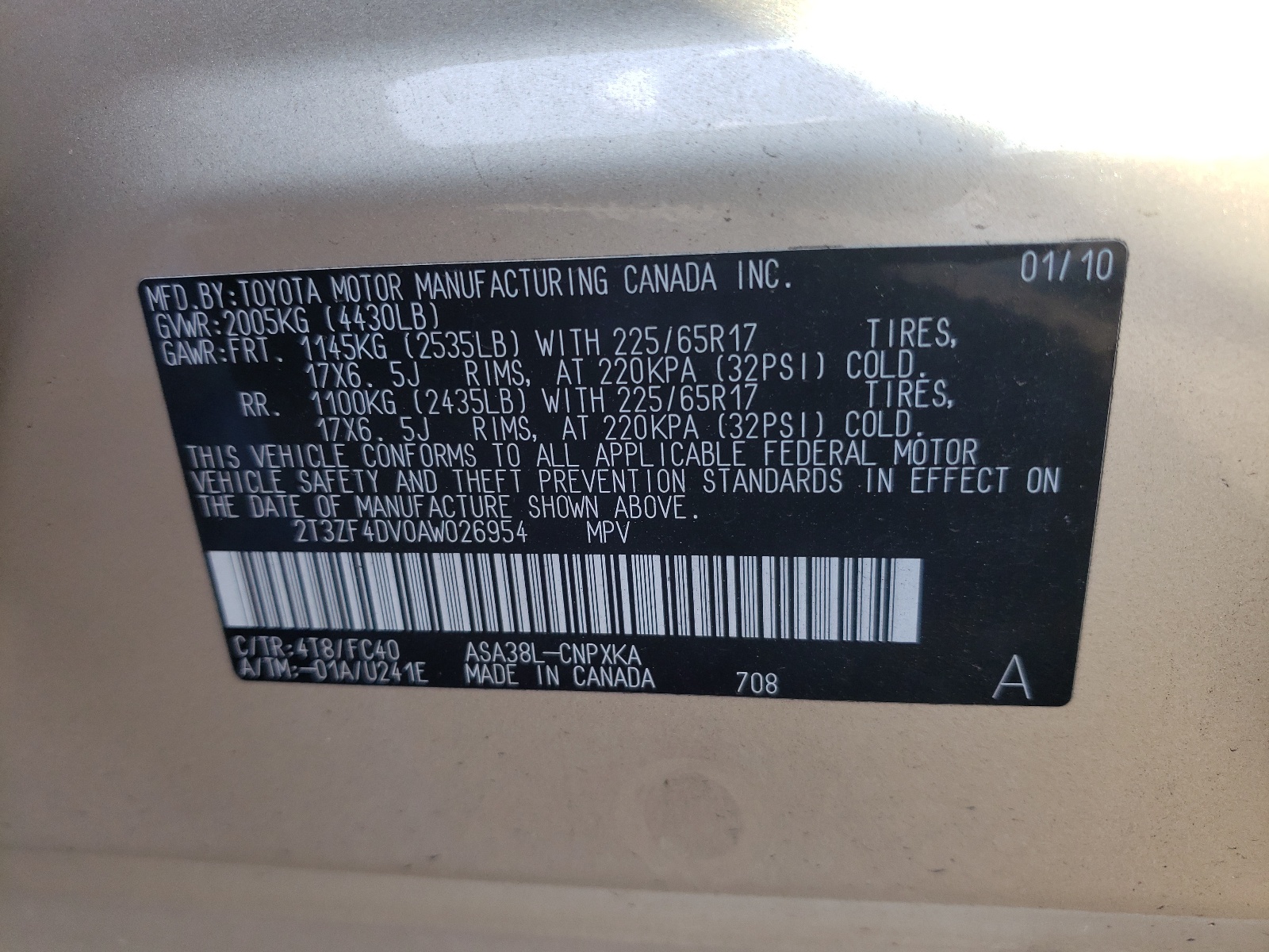 Photo 10 from auction – 2010 TOYOTA RAV4 with VIN 2T3ZF4DV0AW026954