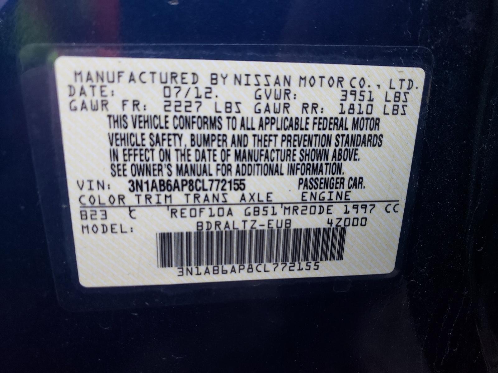 Photo 10 from auction – 2012 NISSAN SENTRA 2.0 with VIN 3N1AB6AP8CL772155