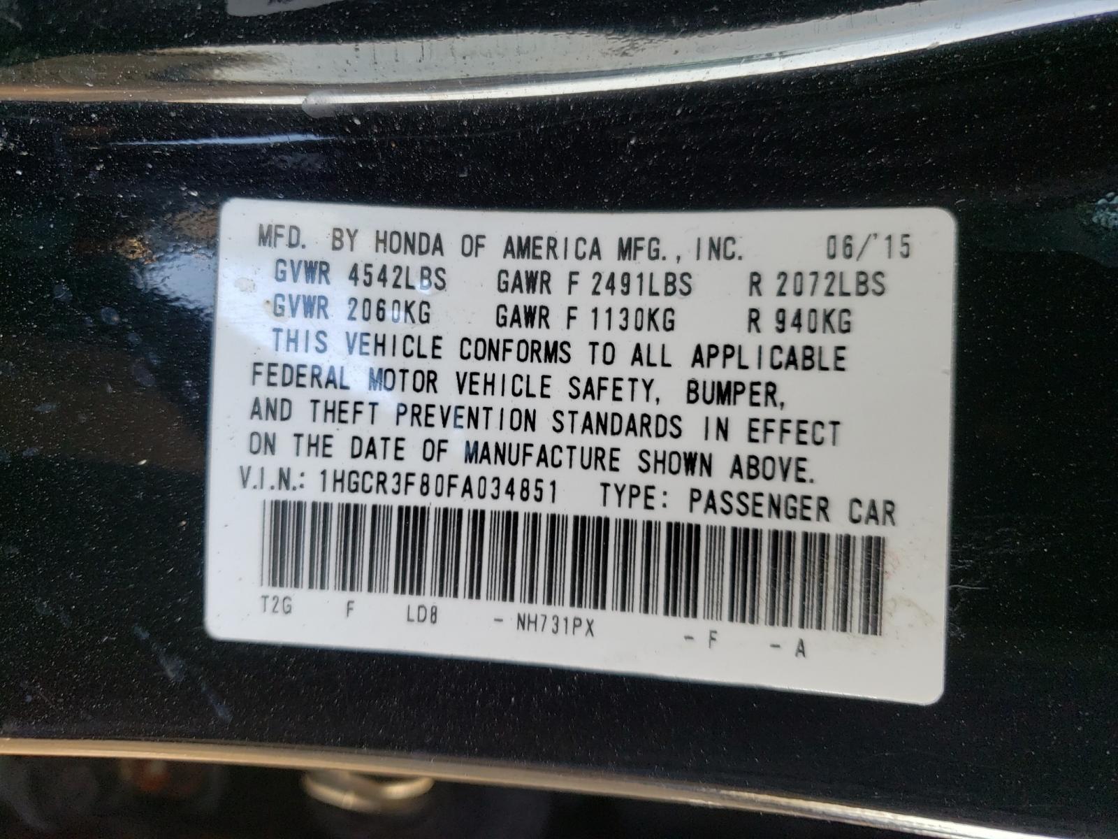 Photo 10 from auction – 2015 HONDA ACCORD EXL with VIN 1HGCR3F80FA034851