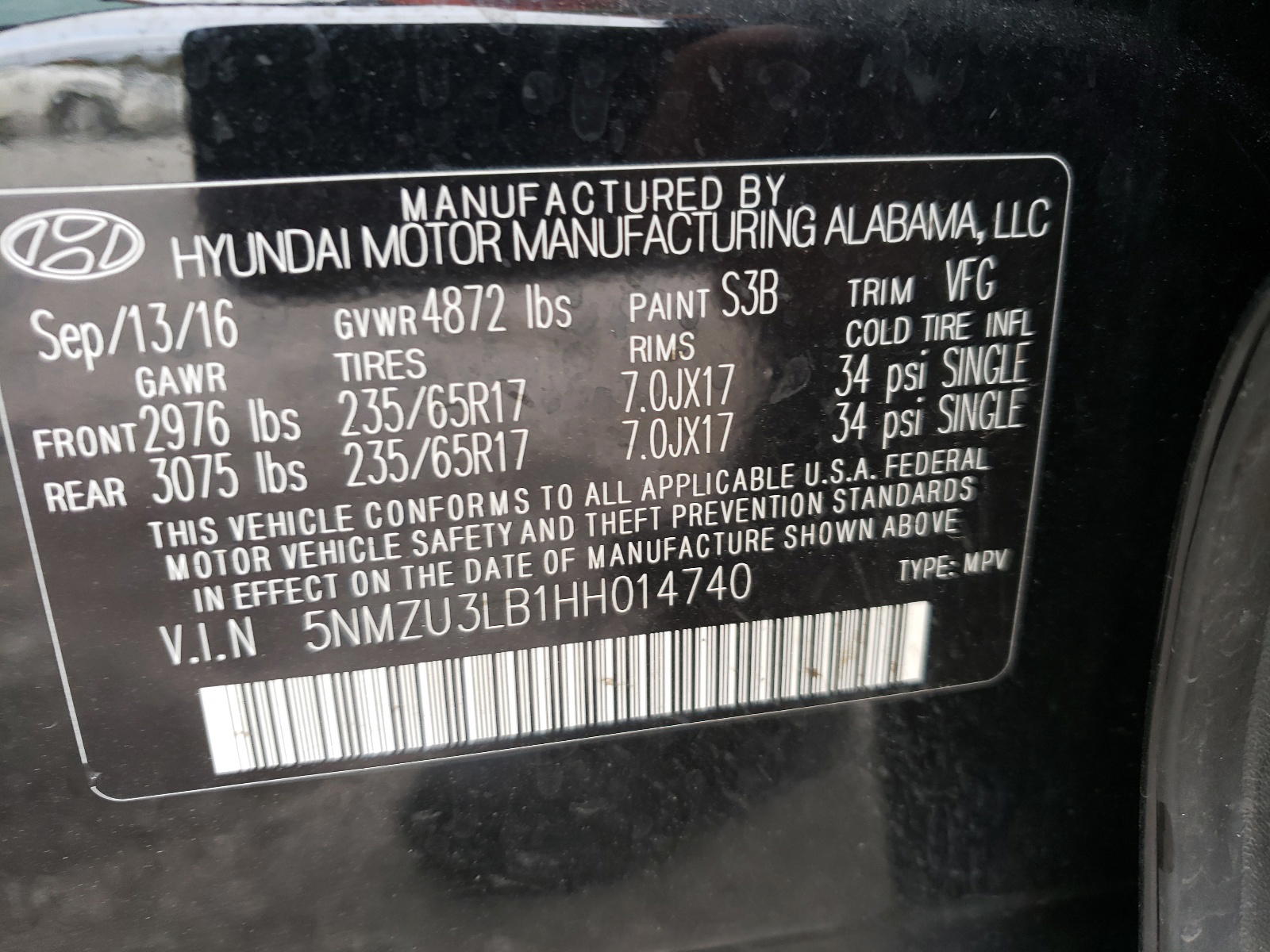 Photo 10 from auction – 2017 HYUNDAI SANTA FE S with VIN 5NMZU3LB1HH014740
