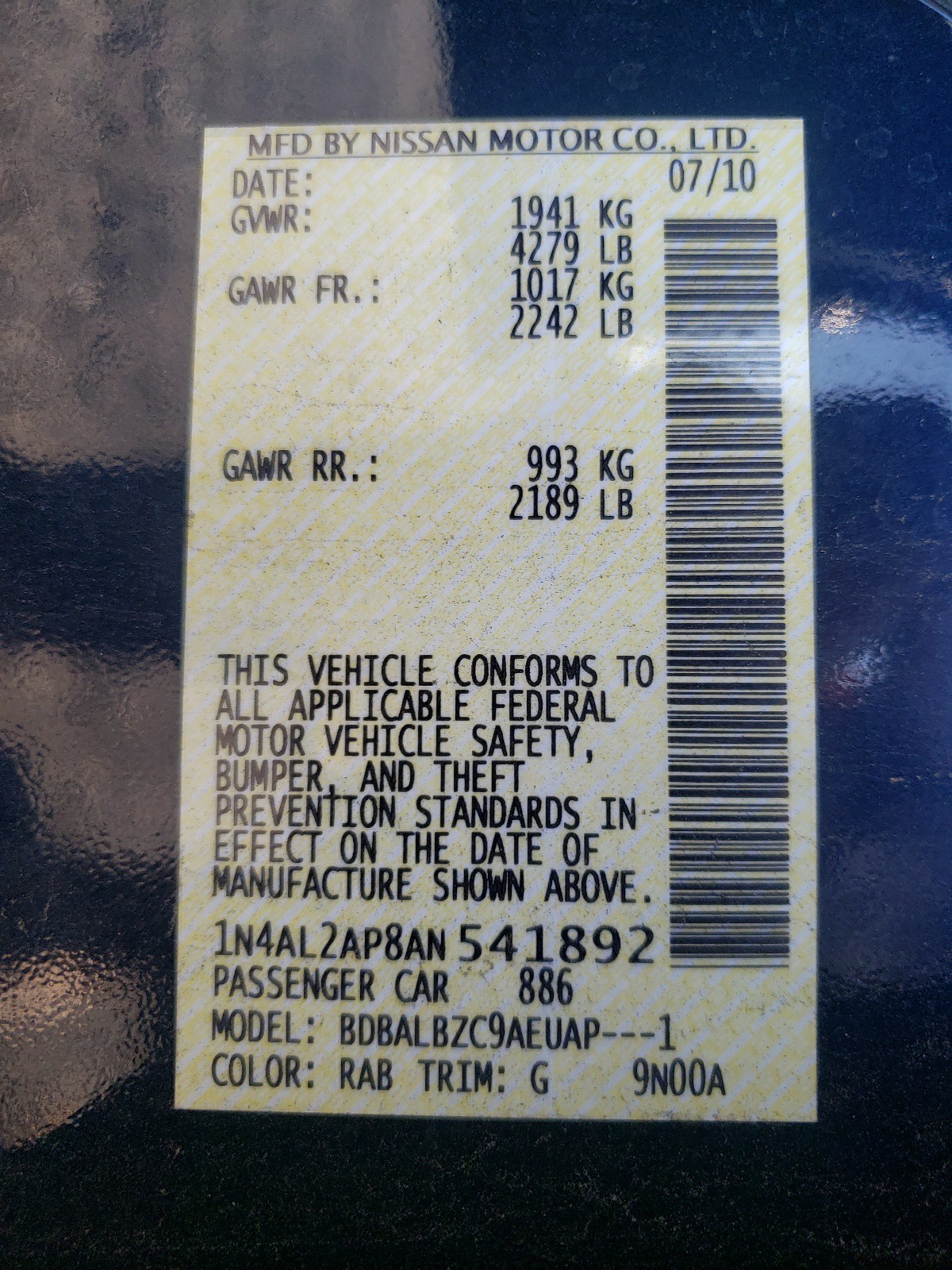 Photo 10 from auction – 2010 NISSAN ALTIMA BAS with VIN 1N4AL2AP8AN541892