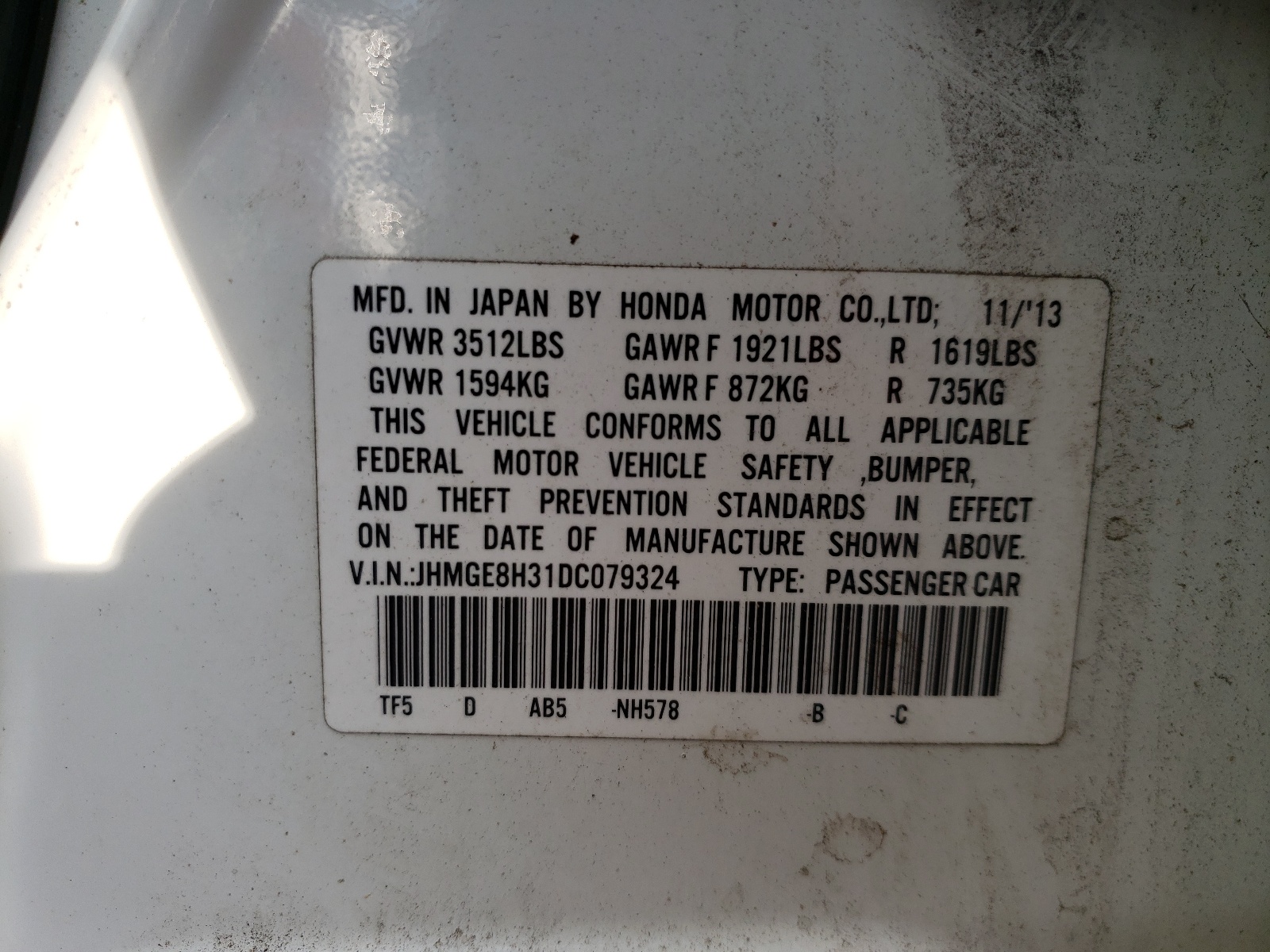 Photo 10 from auction – 2013 HONDA FIT with VIN JHMGE8H31DC079324