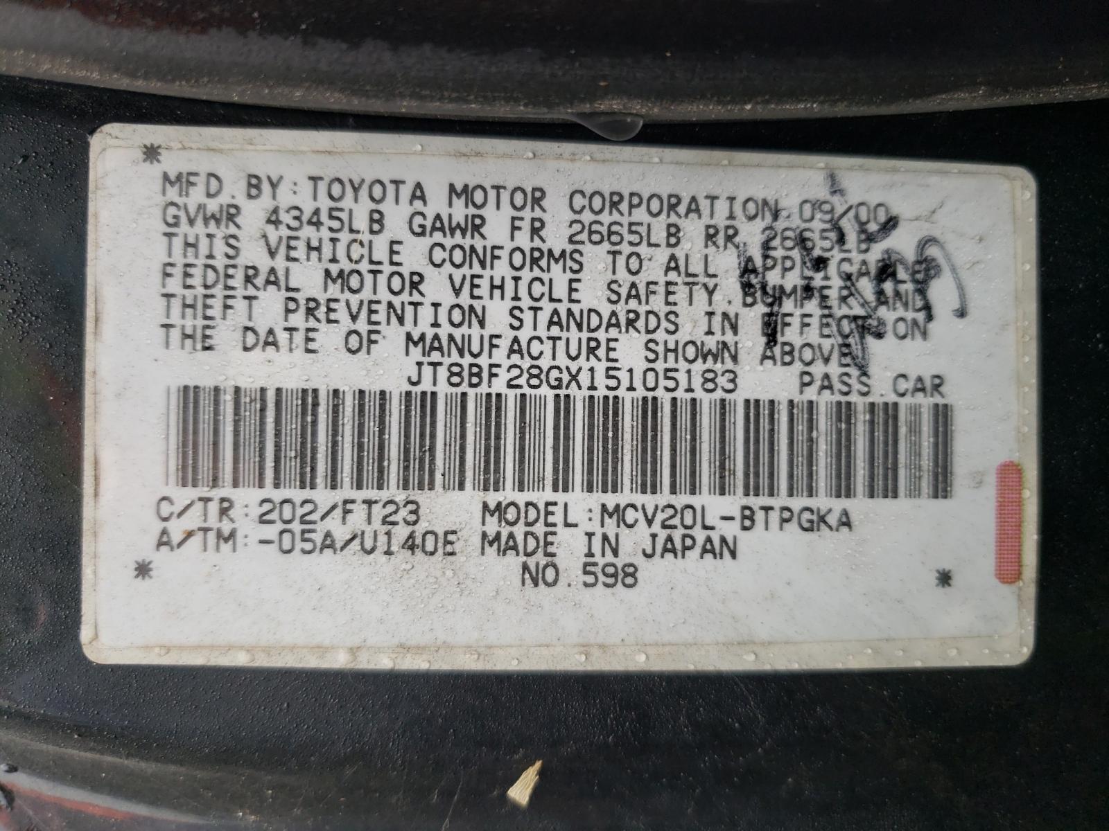Photo 10 from auction – 2001 LEXUS ES with VIN JT8BF28GX15105183