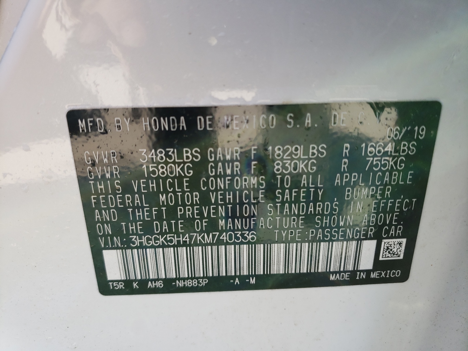 Photo 10 from auction – 2019 HONDA FIT LX with VIN 3HGGK5H47KM740336