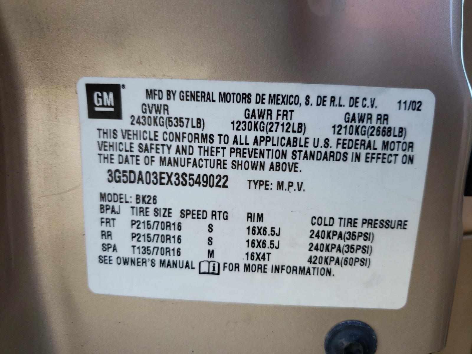 Photo 10 from auction – 2003 BUICK RENDEZVOUS with VIN 3G5DA03EX3S549022