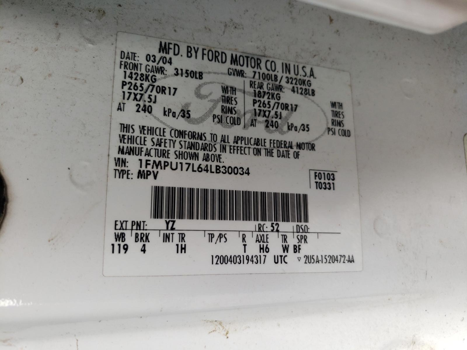 Photo 10 from auction – 2004 FORD EXPEDITION with VIN 1FMPU17L64LB30034