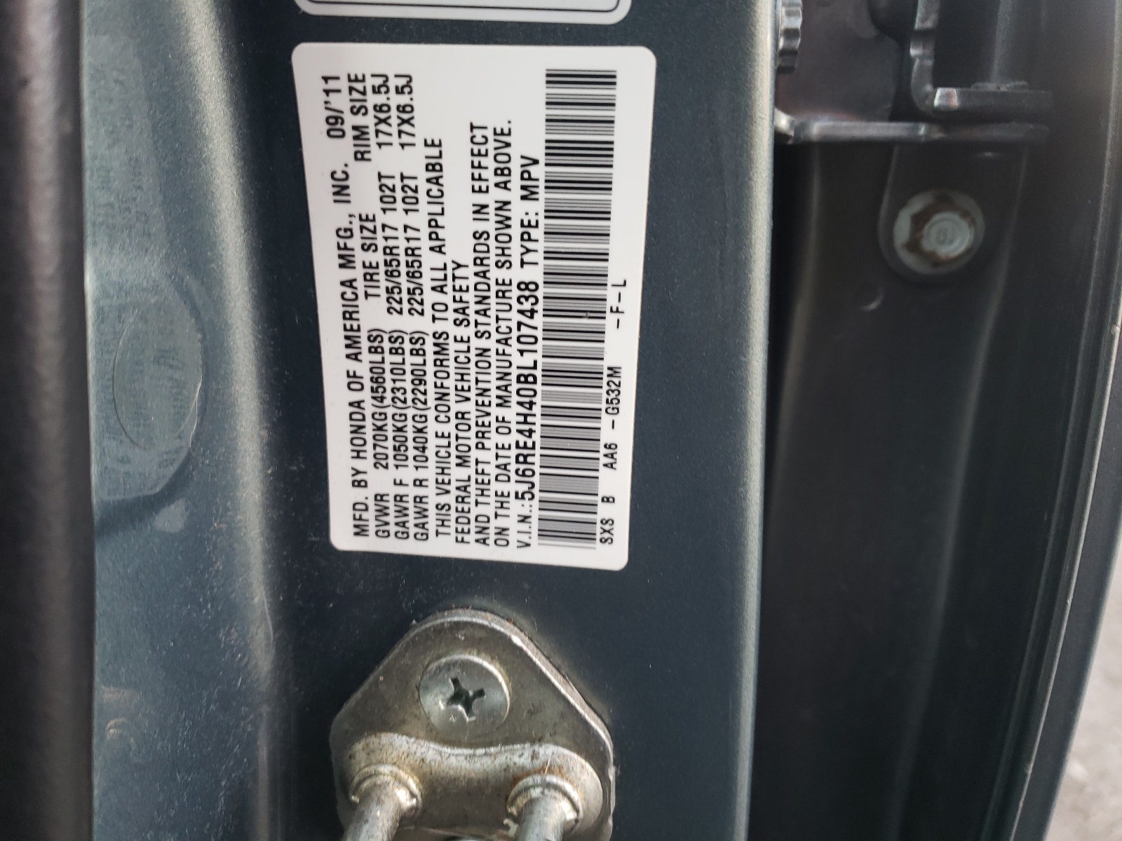 Photo 10 from auction – 2011 HONDA CR-V SE with VIN 5J6RE4H40BL107438