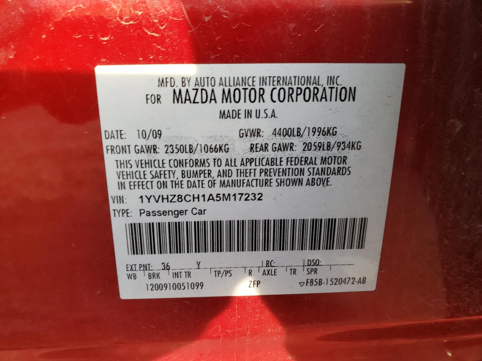 Photo 10 from auction – 2010 MAZDA 6 I with VIN 1YVHZ8CH1A5M17232
