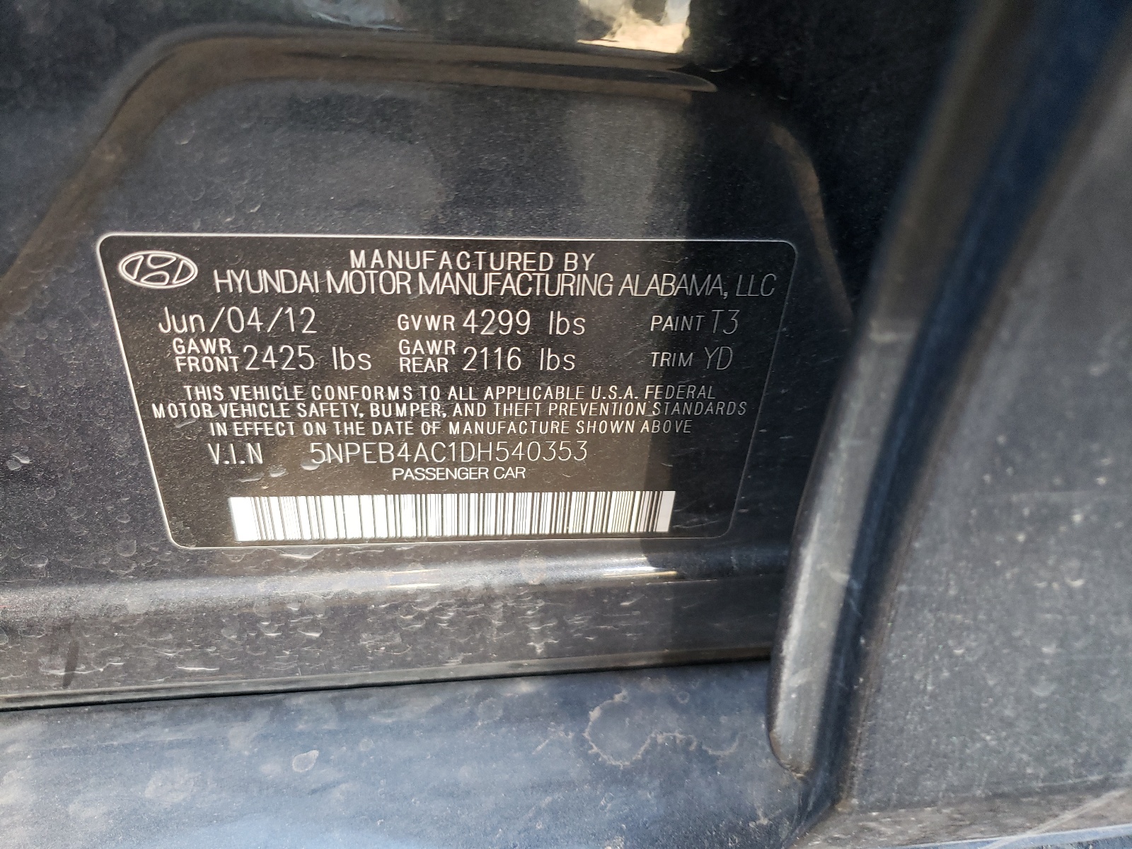 Photo 10 from auction – 2013 HYUNDAI SONATA GLS with VIN 5NPEB4AC1DH540353