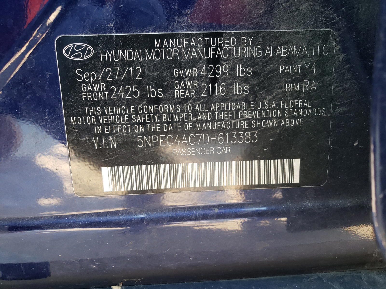 Photo 10 from auction – 2013 HYUNDAI SONATA SE with VIN 5NPEC4AC7DH613383
