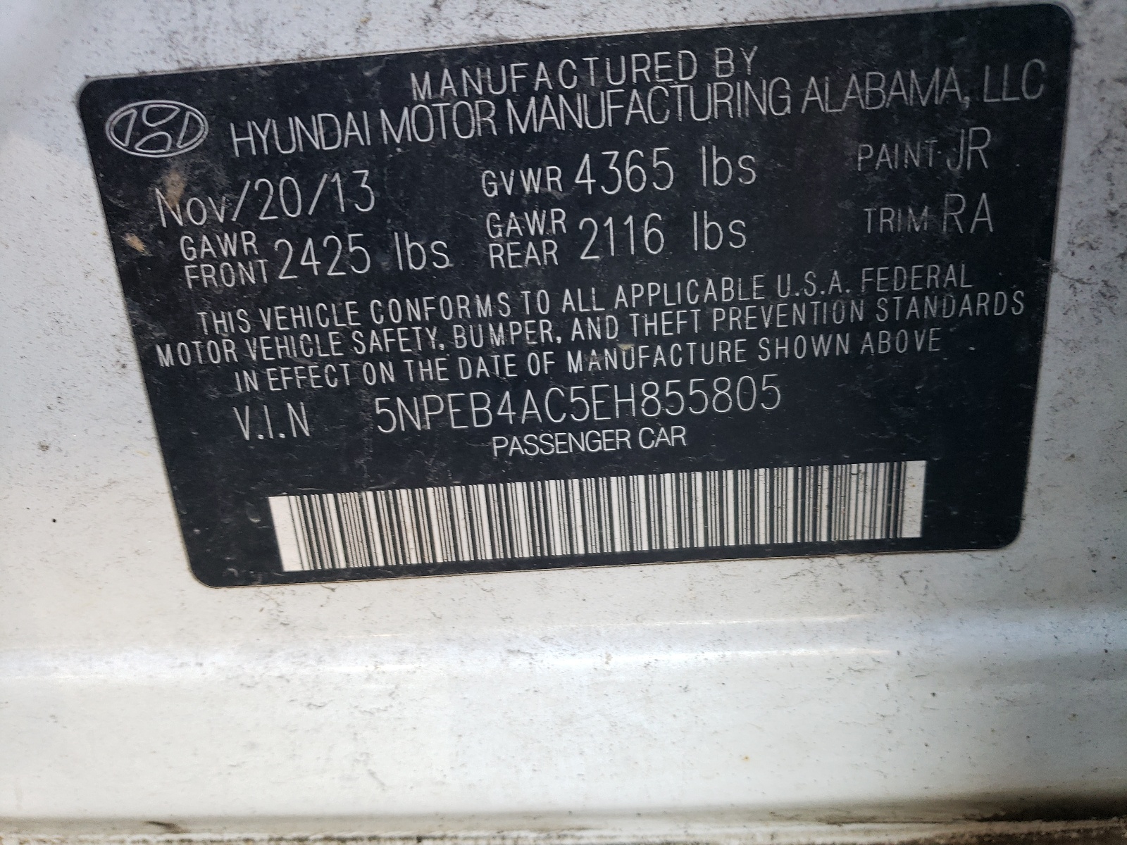 Photo 10 from auction – 2014 HYUNDAI SONATA GLS with VIN 5NPEB4AC5EH855805