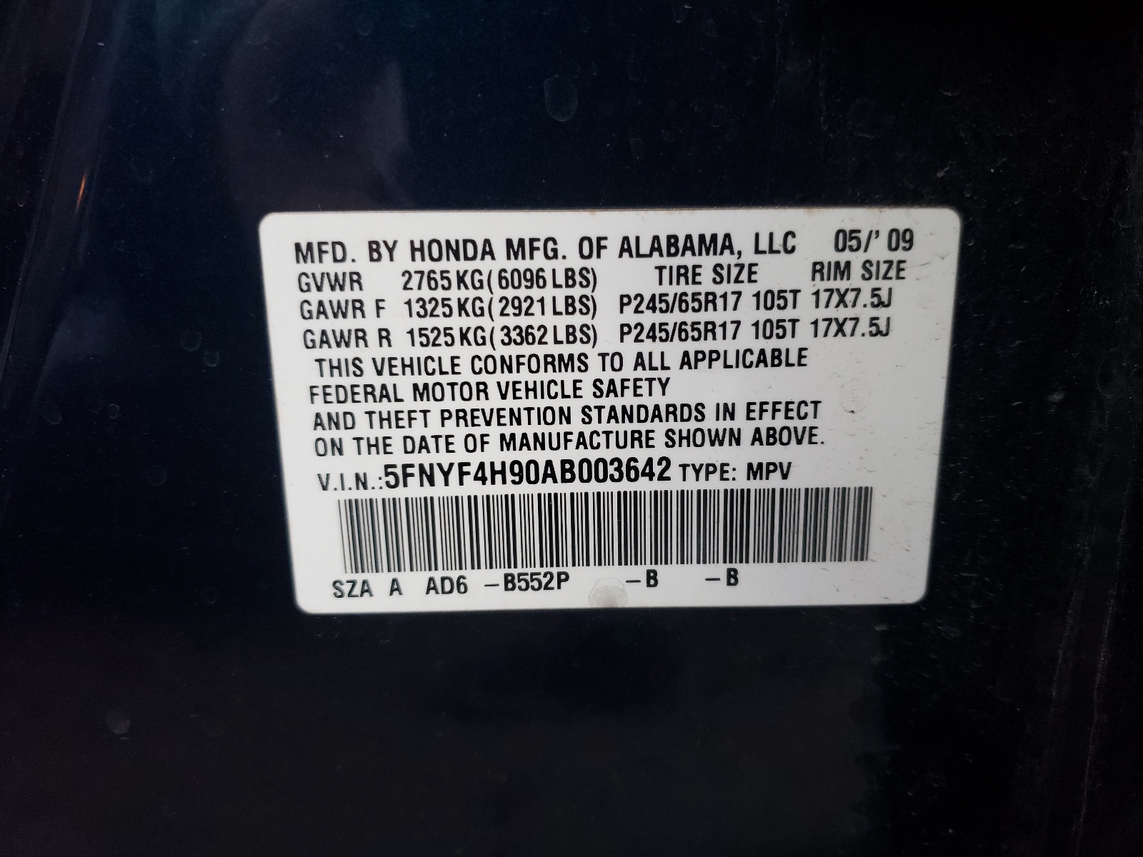 Photo 10 from auction – 2010 HONDA PILOT TOUR with VIN 5FNYF4H90AB003642