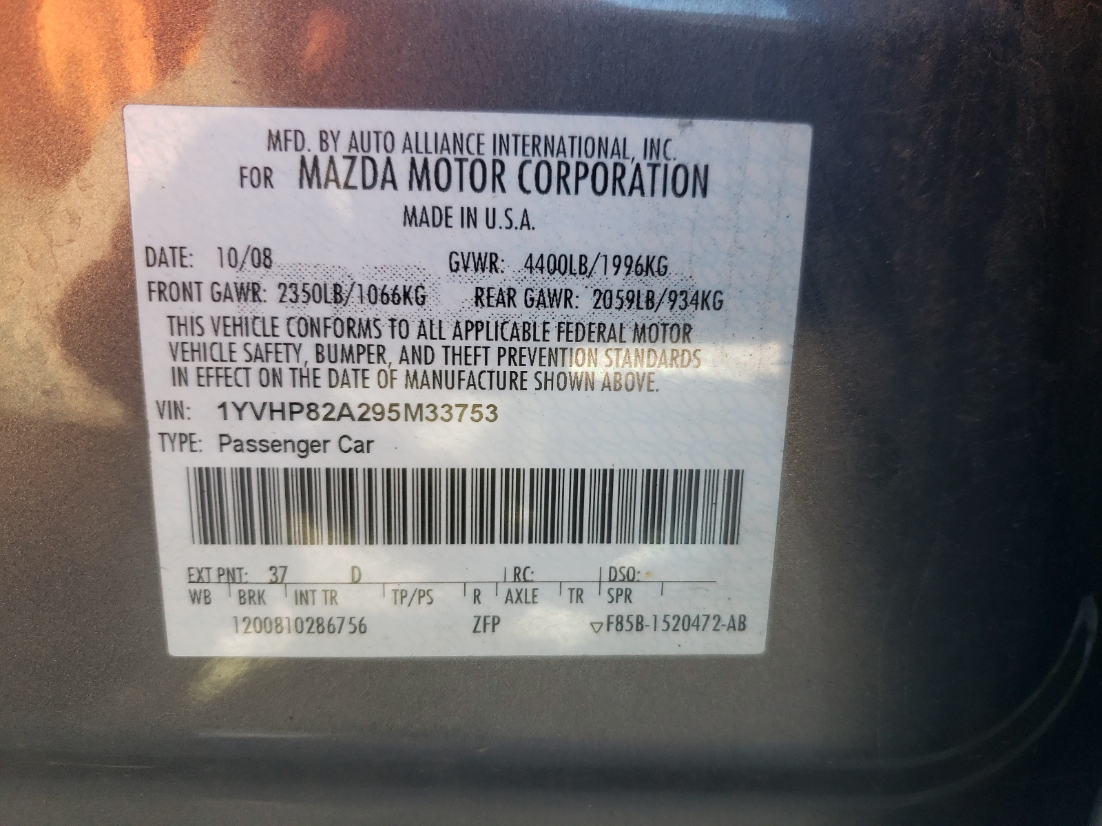 Zdjęcie 10 z aukcji – 2009 MAZDA 6 I z VIN 1YVHP82A295M33753