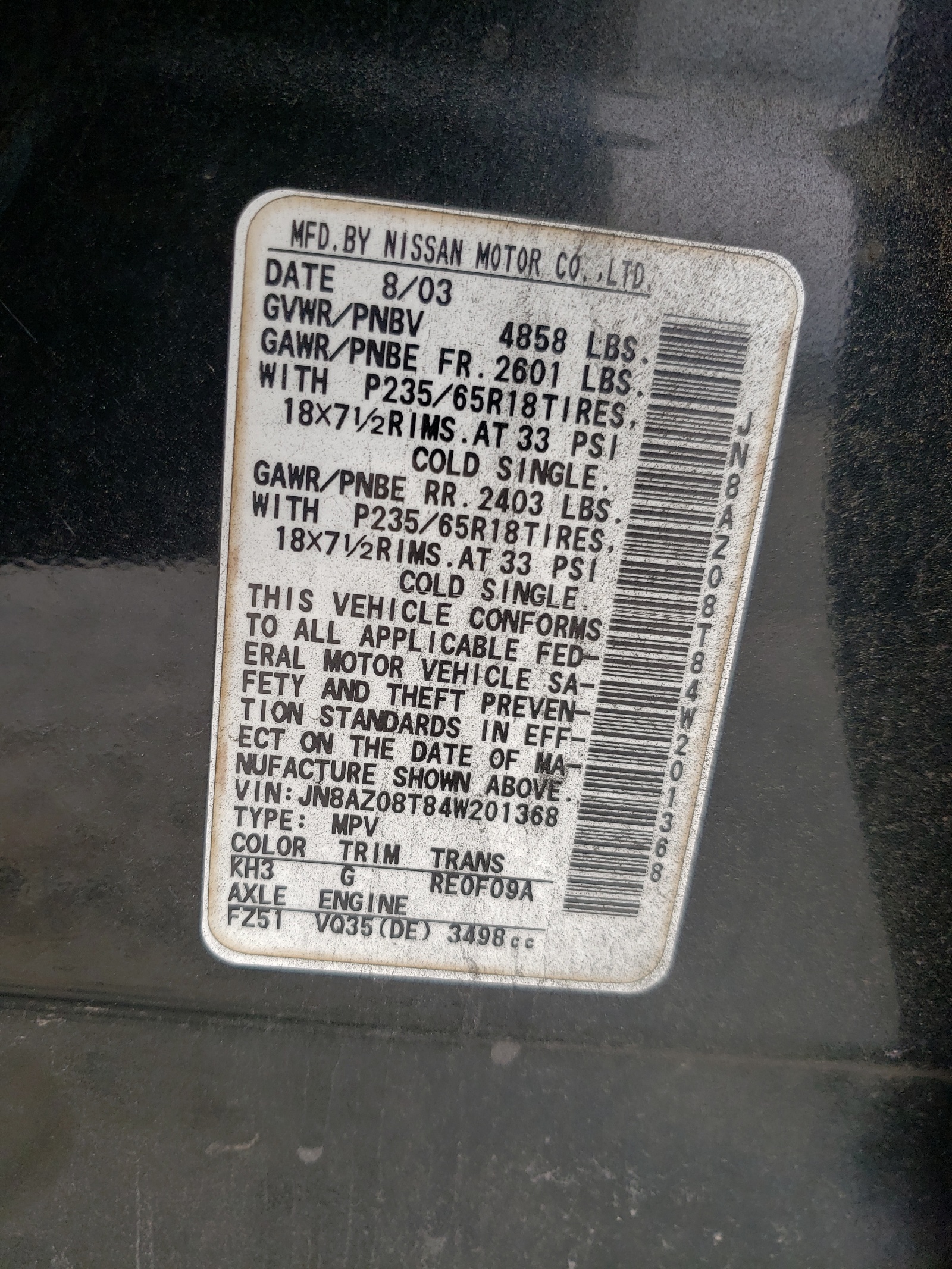 Photo 10 from auction – 2004 NISSAN MURANO SL with VIN JN8AZ08T84W201368
