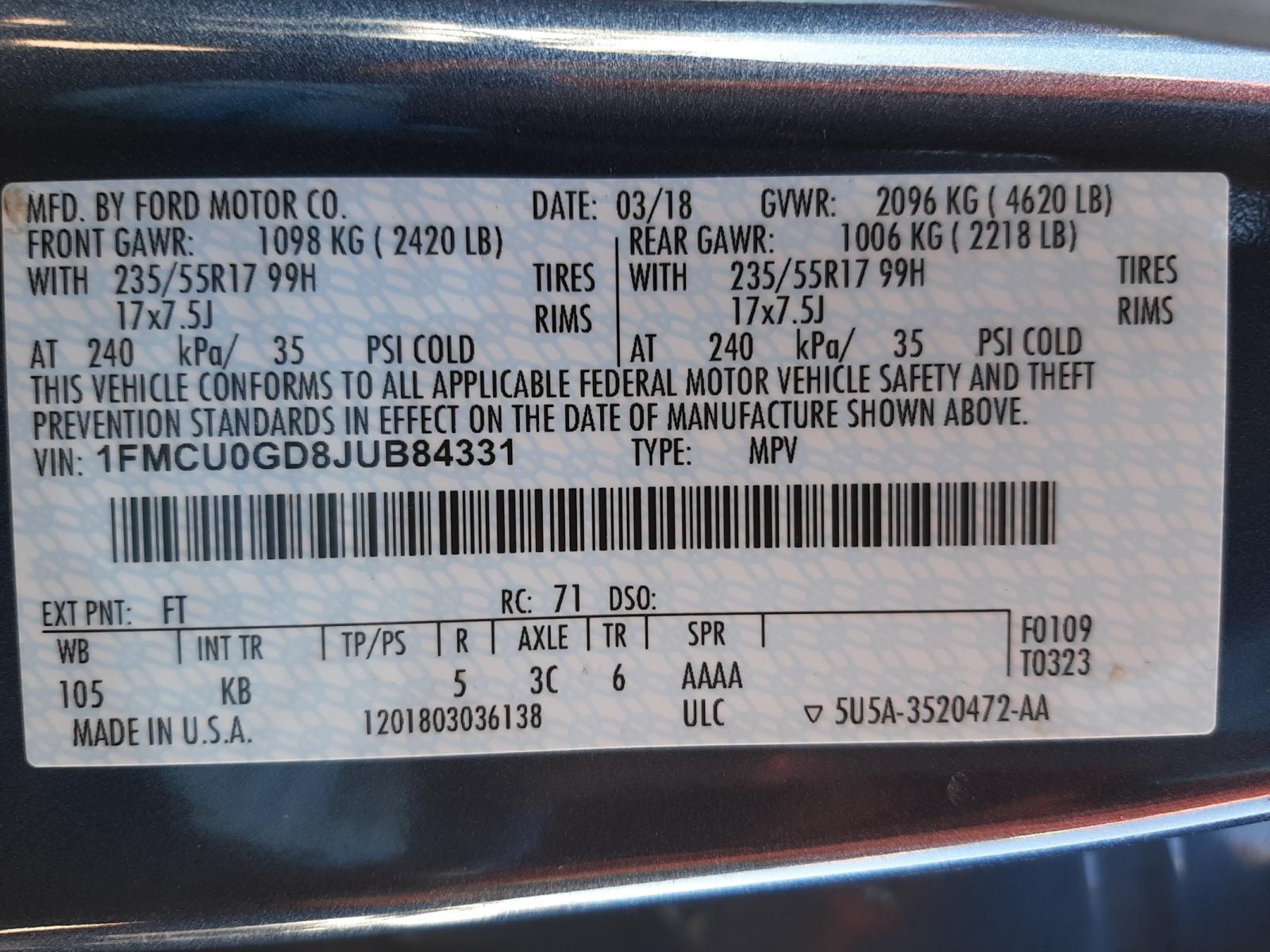Photo 10 from auction – 2018 FORD ESCAPE SE with VIN 1FMCU0GD8JUB84331