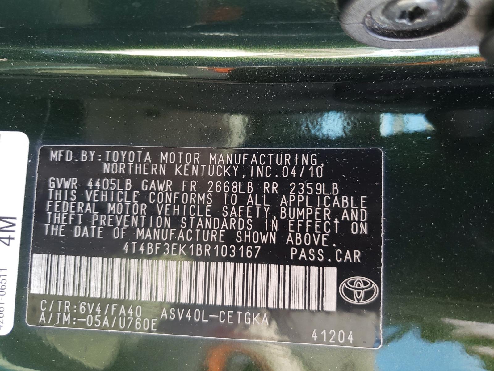 Photo 10 from auction – 2011 TOYOTA CAMRY BASE with VIN 4T4BF3EK1BR103167