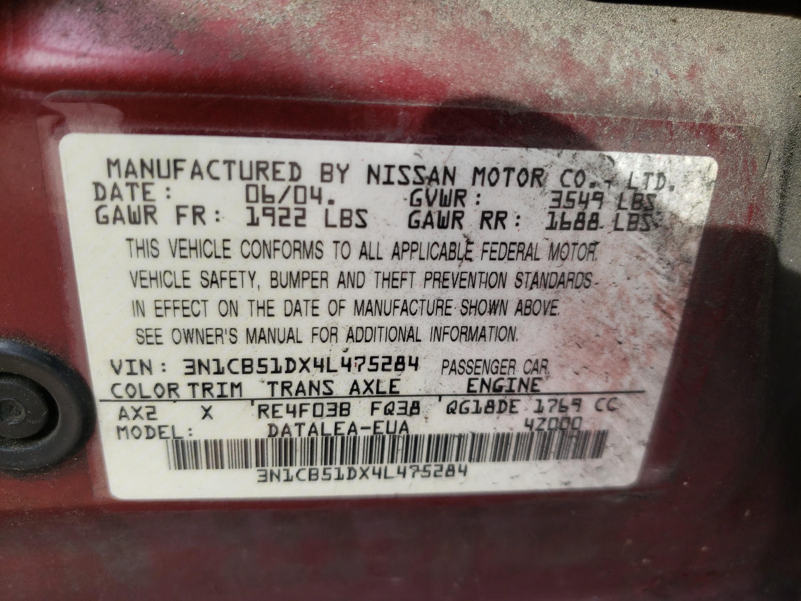 Photo 10 from auction – 2004 NISSAN SENTRA with VIN 3N1CB51DX4L475284