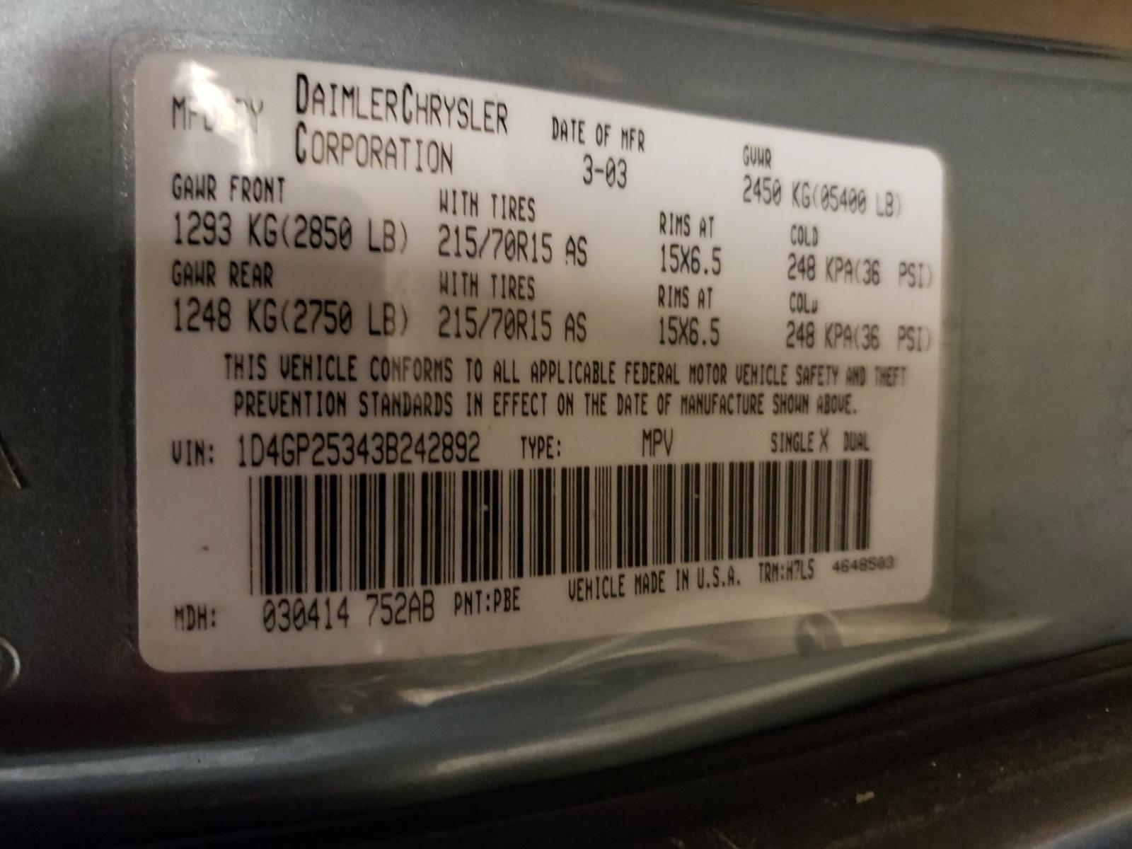 Photo 10 from auction – 2003 DODGE CARAVAN with VIN 1D4GP25343B242892
