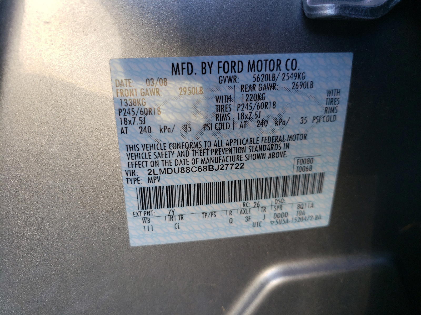 Photo 10 from auction – 2008 LINCOLN MKX with VIN 2LMDU88C68BJ27722