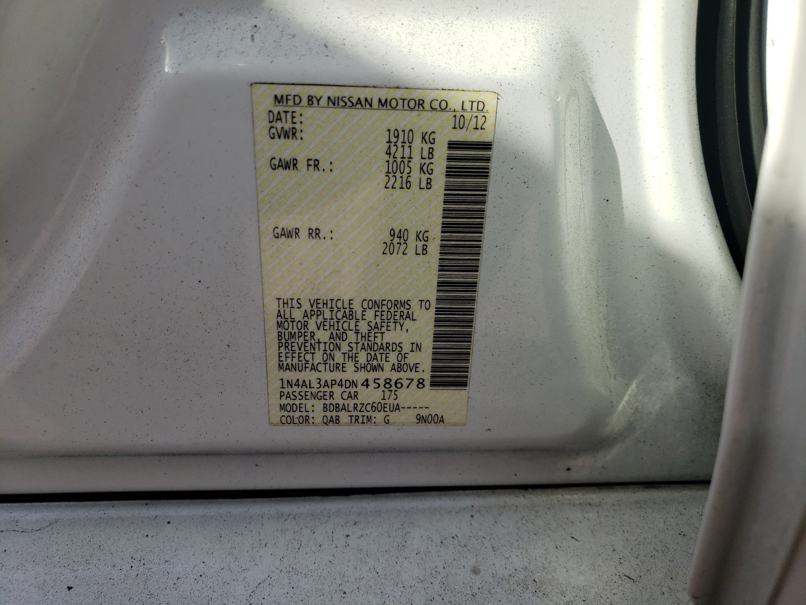 Photo 10 from auction – 2013 NISSAN ALTIMA 2.5 with VIN 1N4AL3AP4DN458678