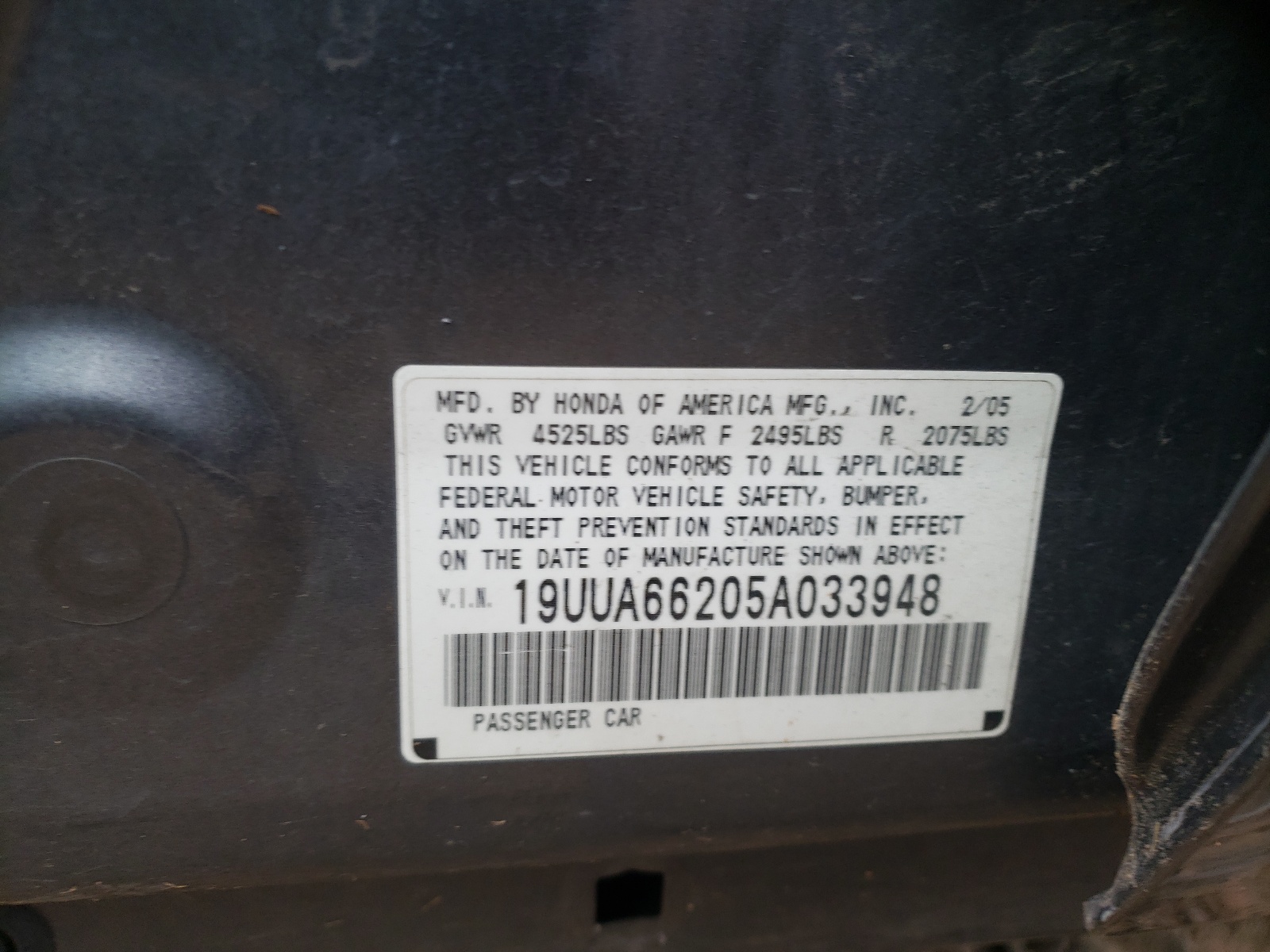 Photo 10 from auction – 2005 ACURA TL with VIN 19UUA66205A033948