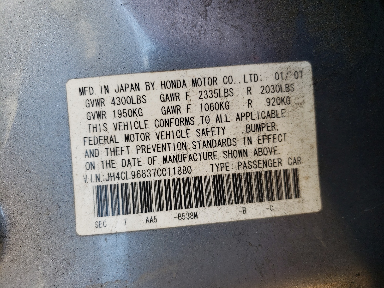 Photo 10 from auction – 2007 ACURA TSX with VIN JH4CL96837C011880