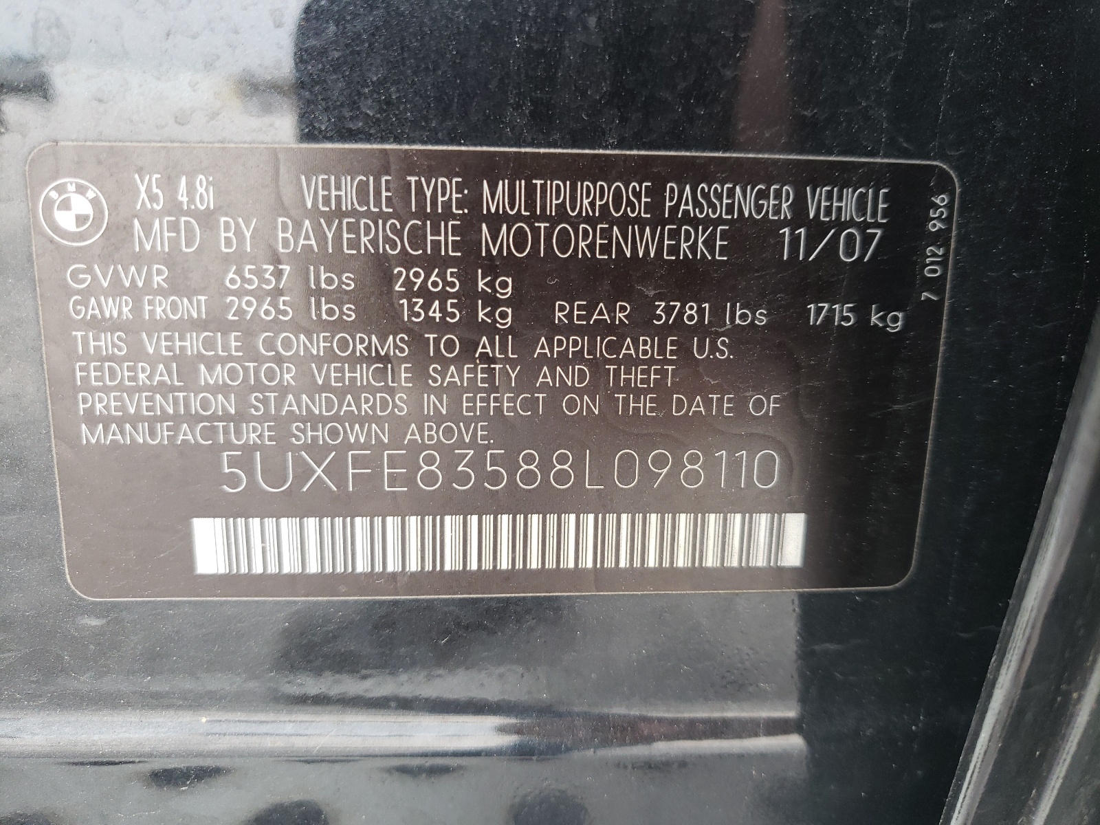 Photo 10 from auction – 2008 BMW X5 4.8I with VIN 5UXFE83588L098110
