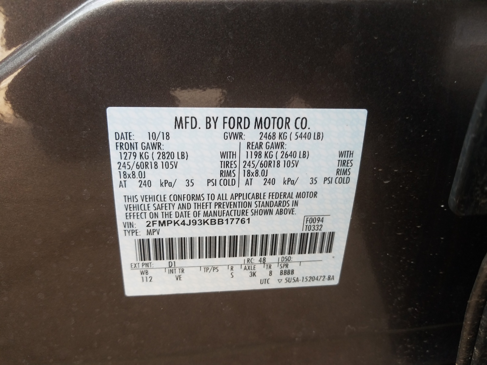 Photo 10 from auction – 2019 FORD EDGE SEL with VIN 2FMPK4J93KBB17761