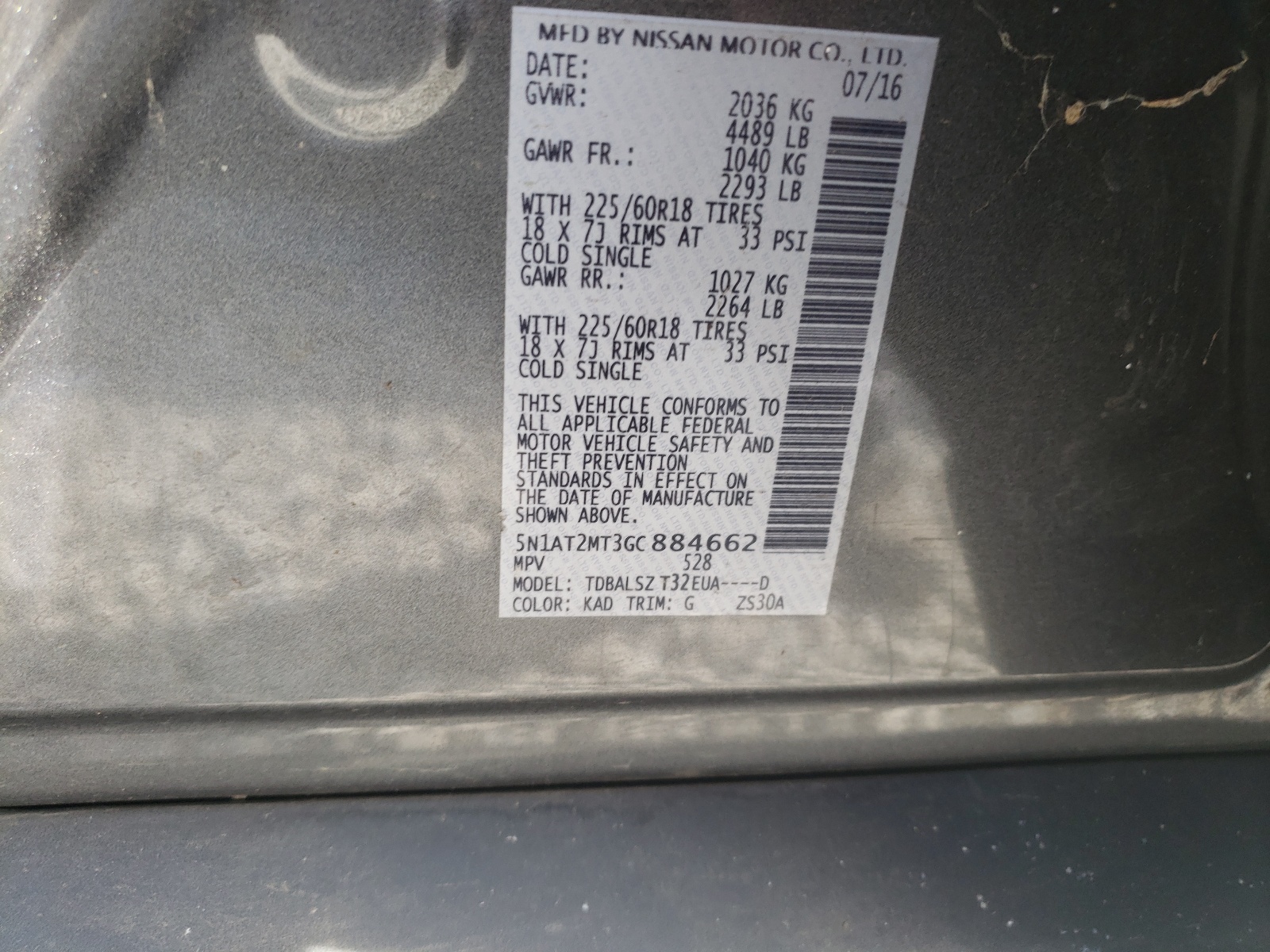 Photo 10 from auction – 2016 NISSAN ROGUE S with VIN 5N1AT2MT3GC884662