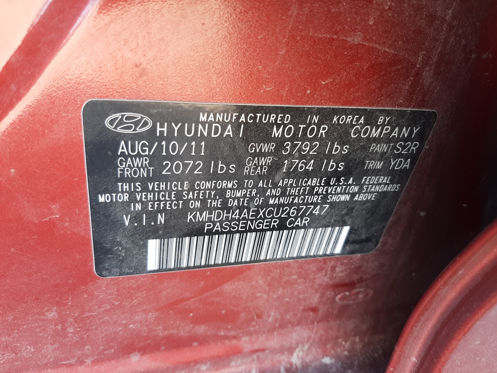 Photo 10 from auction – 2012 HYUNDAI ELANTRA GL with VIN KMHDH4AEXCU267747