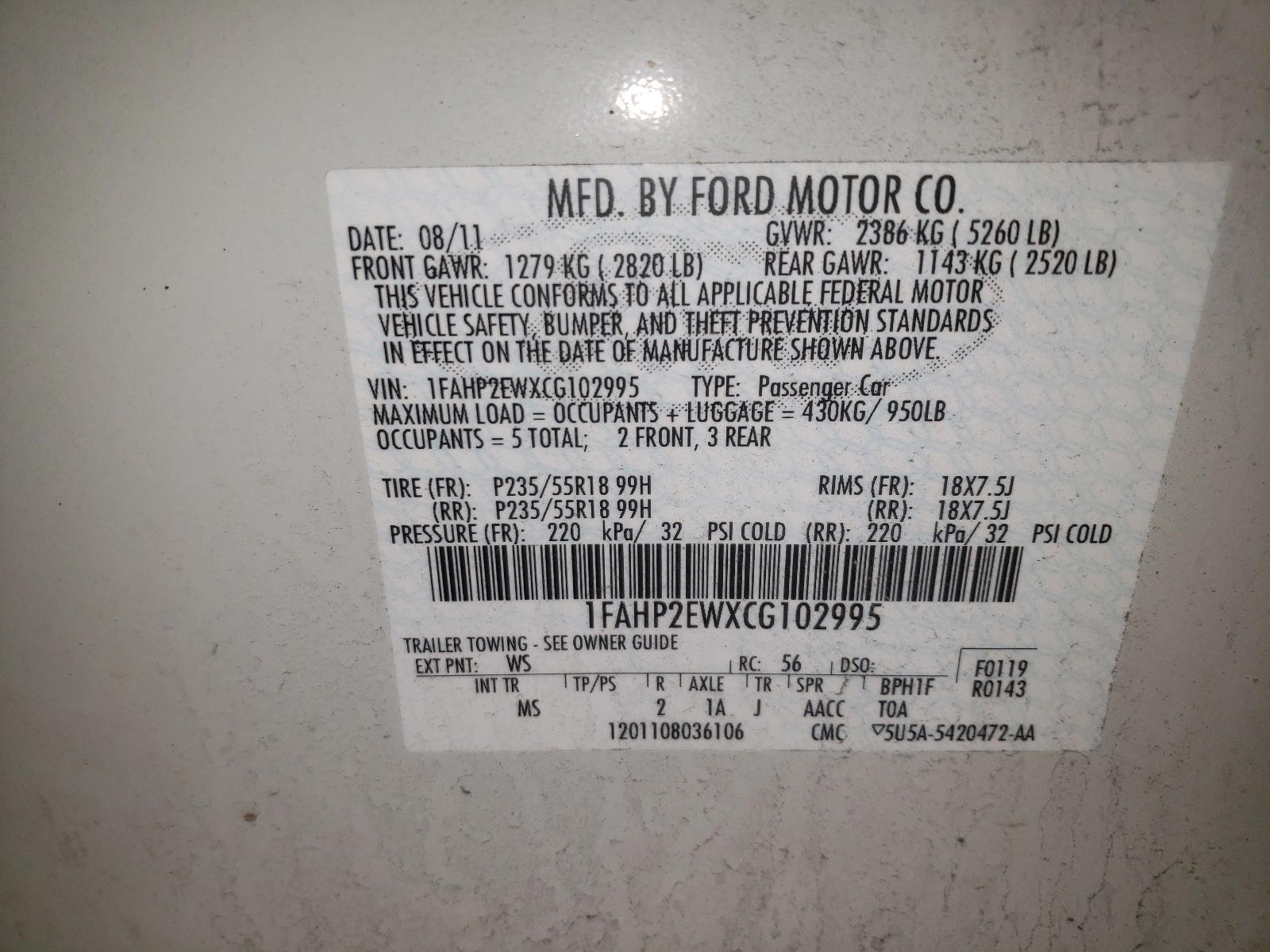 Photo 10 from auction – 2012 FORD TAURUS SEL with VIN 1FAHP2EWXCG102995
