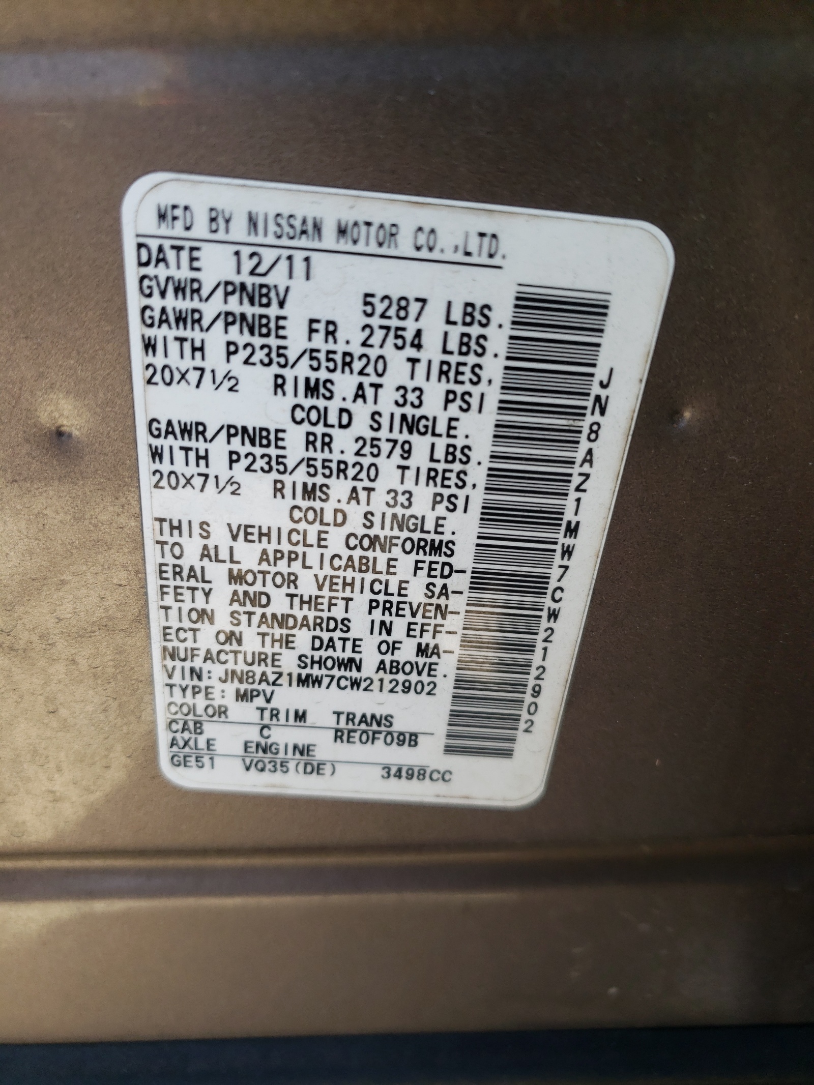 Photo 10 from auction – 2012 NISSAN MURANO S with VIN JN8AZ1MW7CW212902