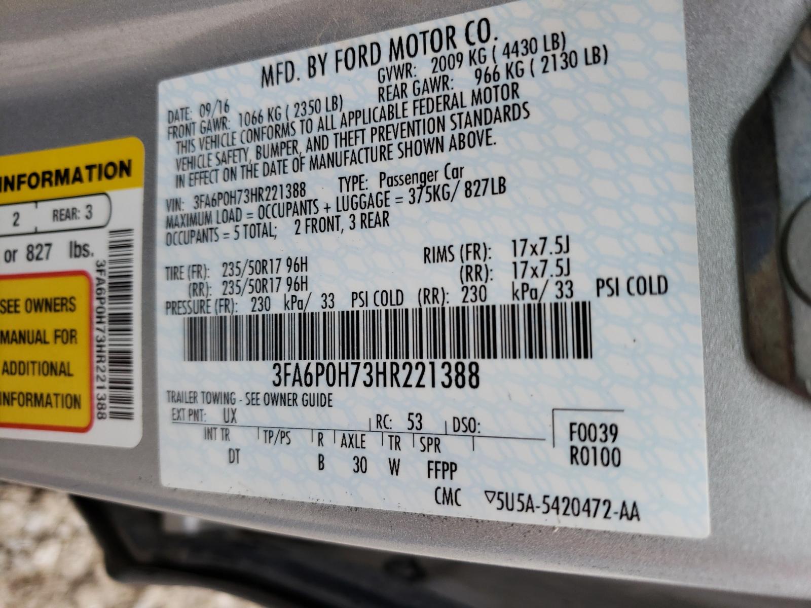Photo 10 from auction – 2017 FORD FUSION SE with VIN 3FA6P0H73HR221388
