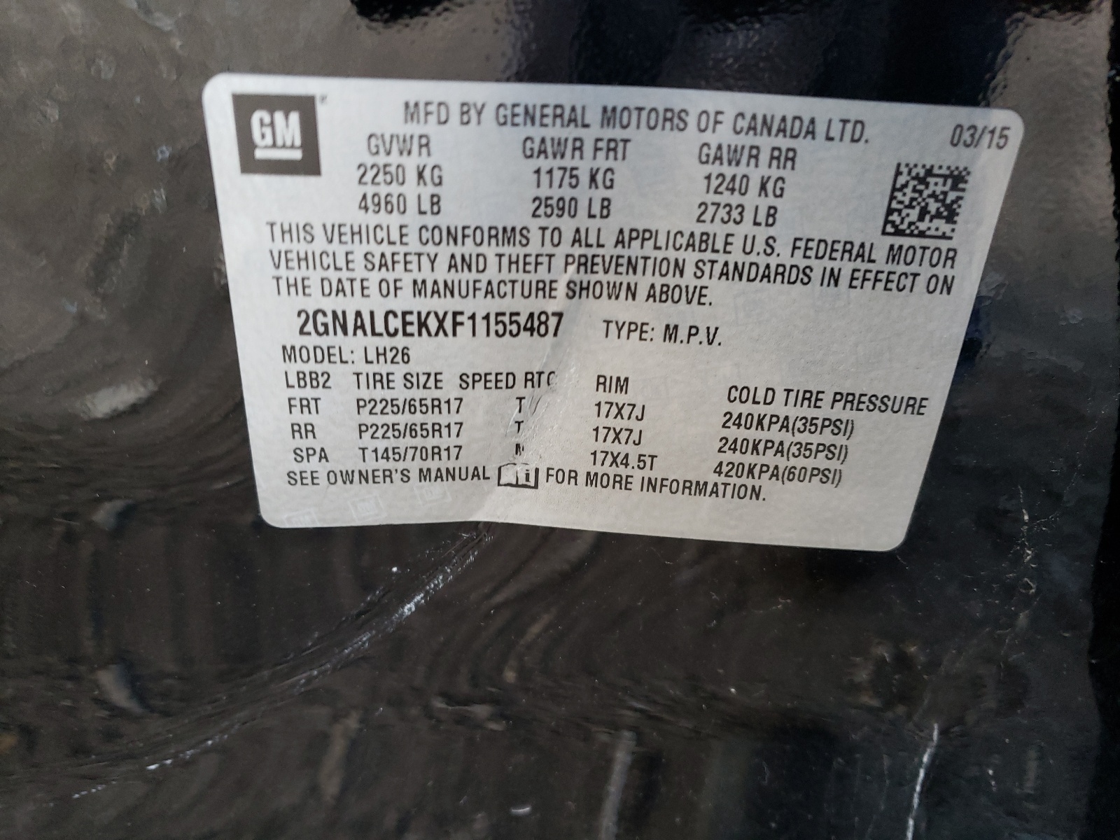 Photo 10 from auction – 2015 CHEVROLET EQUINOX LT with VIN 2GNALCEKXF1155487