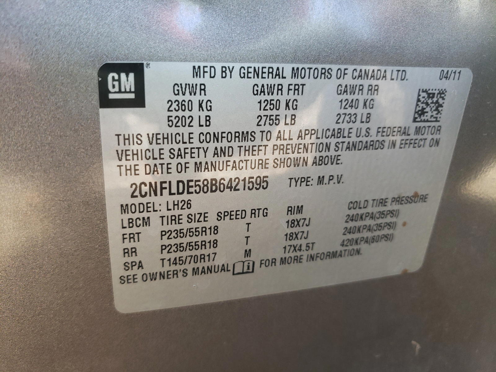 Photo 10 from auction – 2011 CHEVROLET EQUINOX LT with VIN 2CNFLDE58B6421595