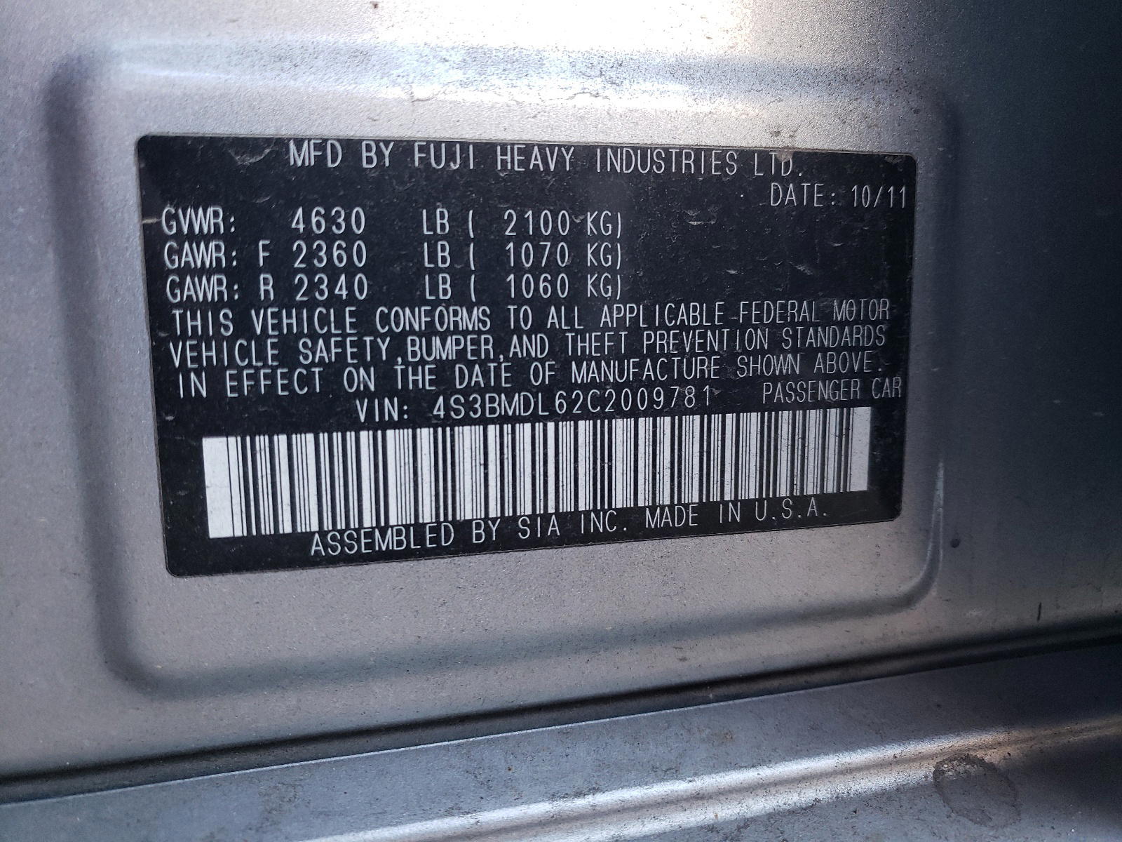 Photo 10 from auction – 2012 SUBARU LEGACY 3.6 with VIN 4S3BMDL62C2009781