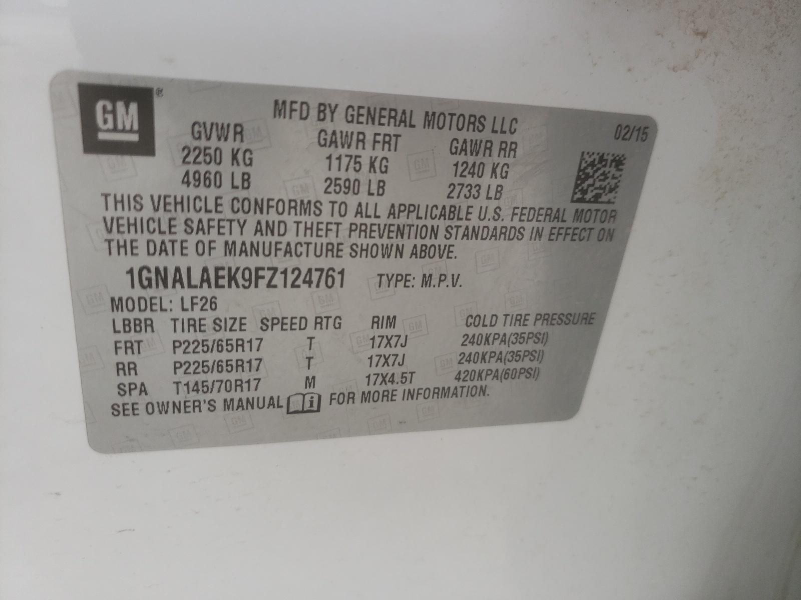 Photo 10 from auction – 2015 CHEVROLET EQUINOX LS with VIN 1GNALAEK9FZ124761