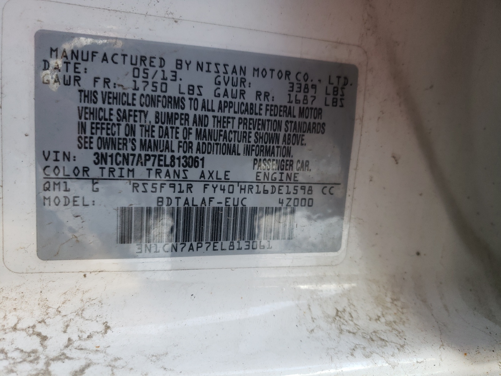 Photo 10 from auction – 2014 NISSAN VERSA S with VIN 3N1CN7AP7EL813061