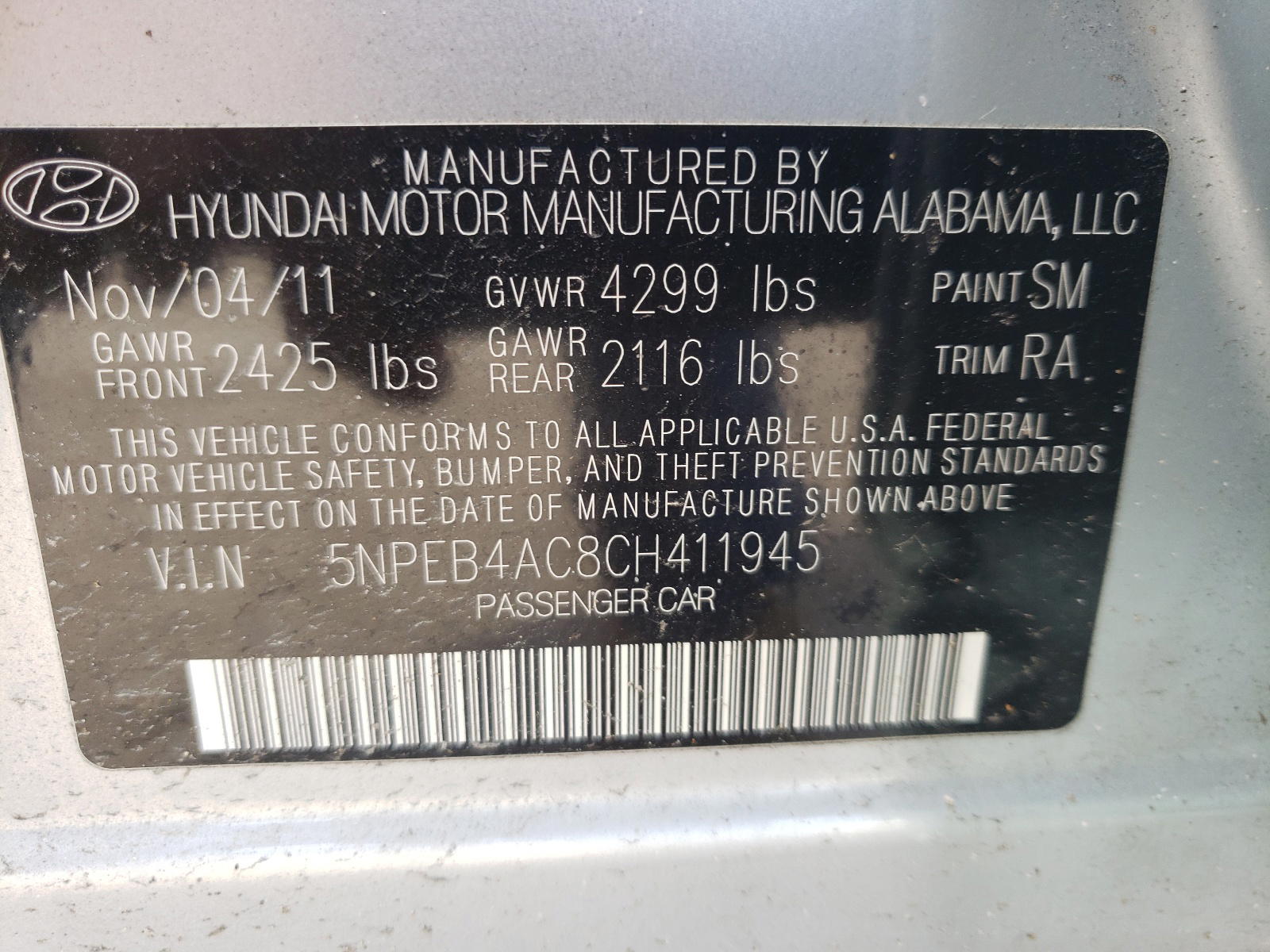 Photo 10 from auction – 2012 HYUNDAI SONATA GLS with VIN 5NPEB4AC8CH411945