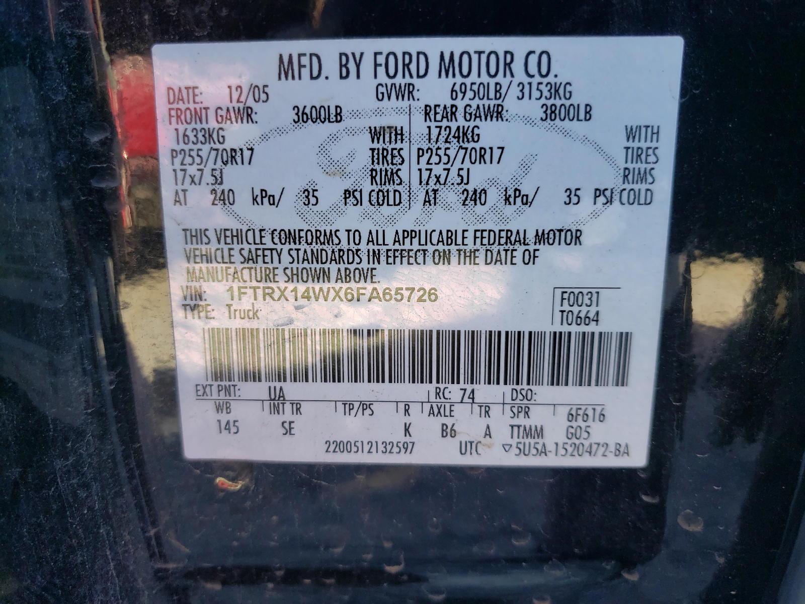Photo 10 from auction – 2006 FORD F150 with VIN 1FTRX14WX6FA65726