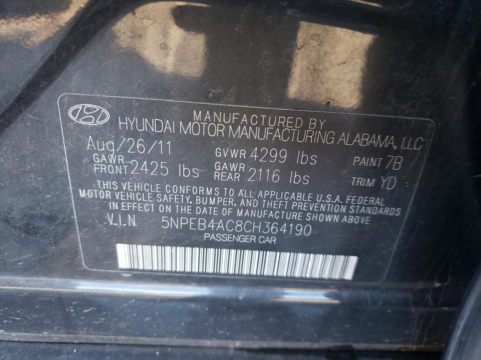 Photo 10 from auction – 2012 HYUNDAI SONATA GLS with VIN 5NPEB4AC8CH364190