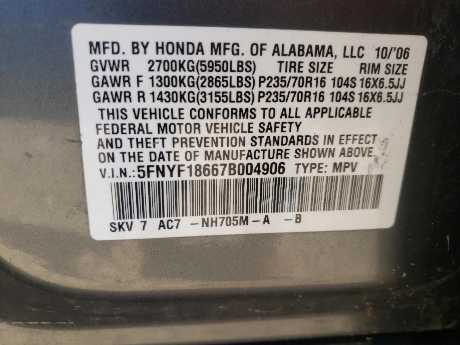 Photo 10 from auction – 2007 HONDA PILOT EXL with VIN 5FNYF18667B004906