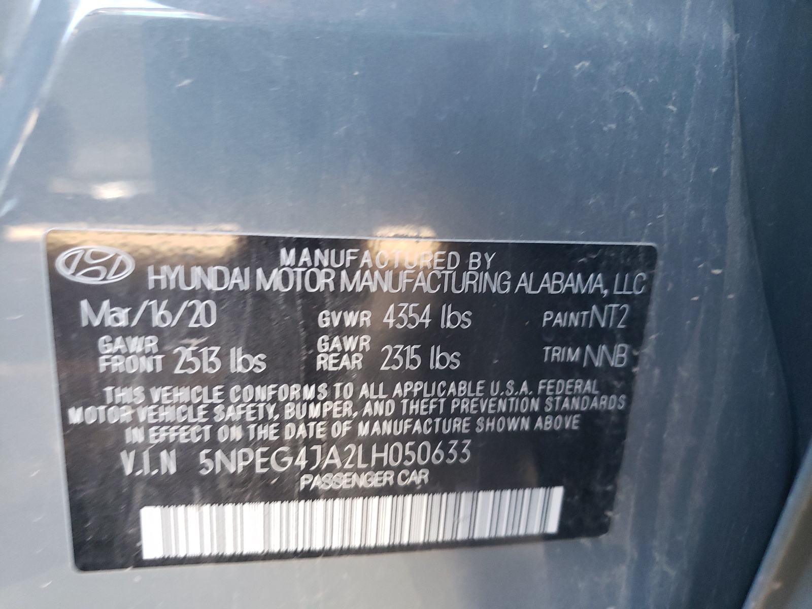 Photo 10 from auction – 2020 HYUNDAI SONATA SE with VIN 5NPEG4JA2LH050633