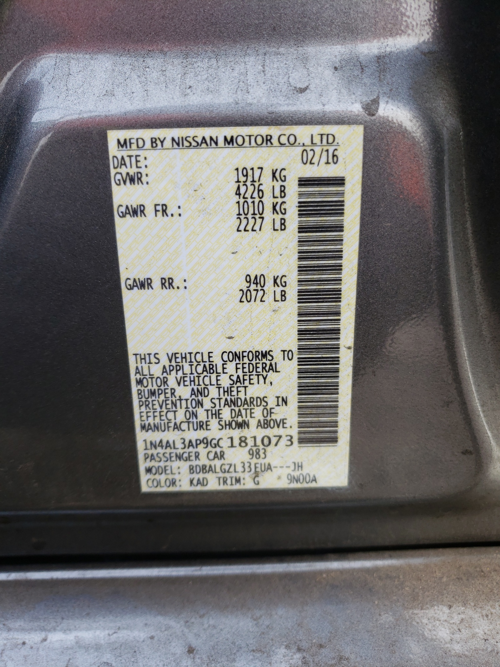 Photo 10 from auction – 2016 NISSAN ALTIMA 2.5 with VIN 1N4AL3AP9GC181073